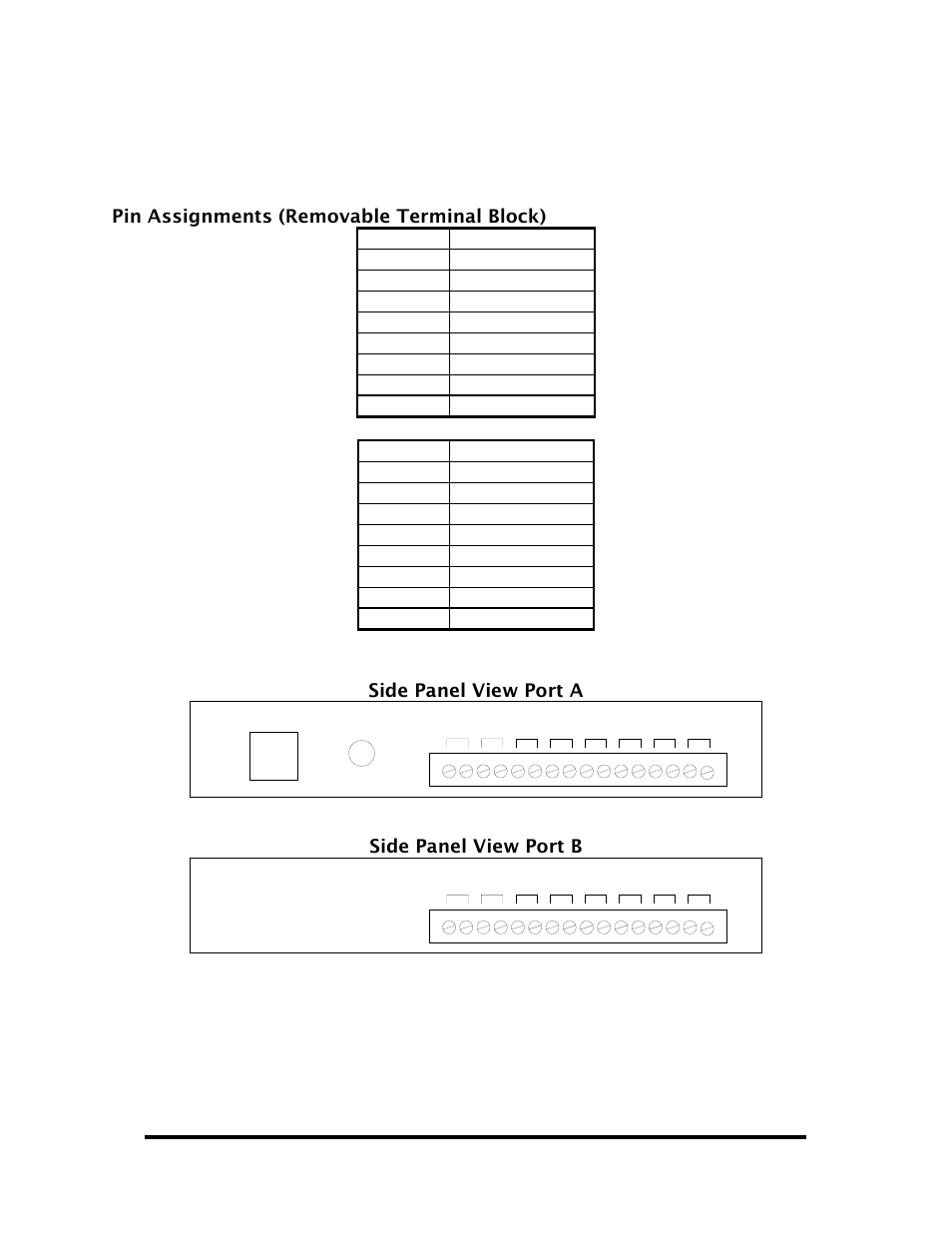 Electrical characteristics, Pin assignments (removable terminal block), Side panel view port a | Side panel view port b | Impulse 8208 User Manual User Manual | Page 8 / 15