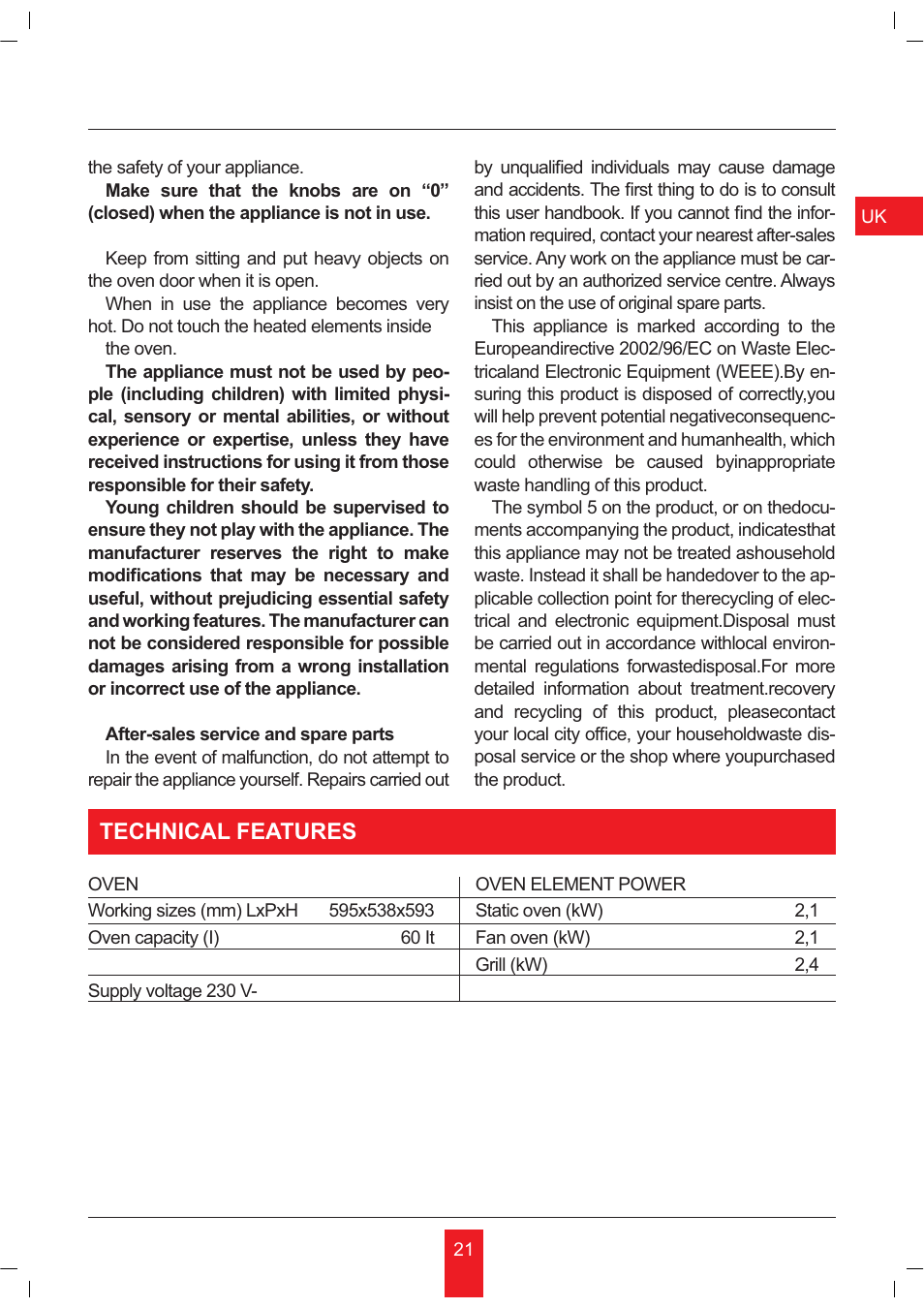 Technical features | KORTING OKB481CRC User Manual | Page 21 / 36