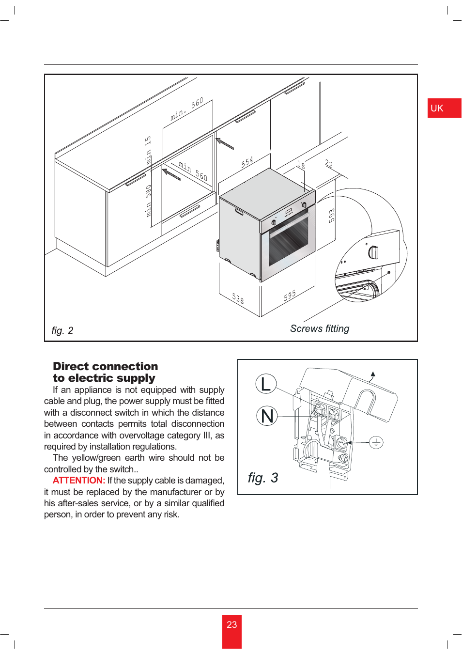 Direct connection to electric supply | KORTING OKB481CRC User Manual | Page 23 / 36
