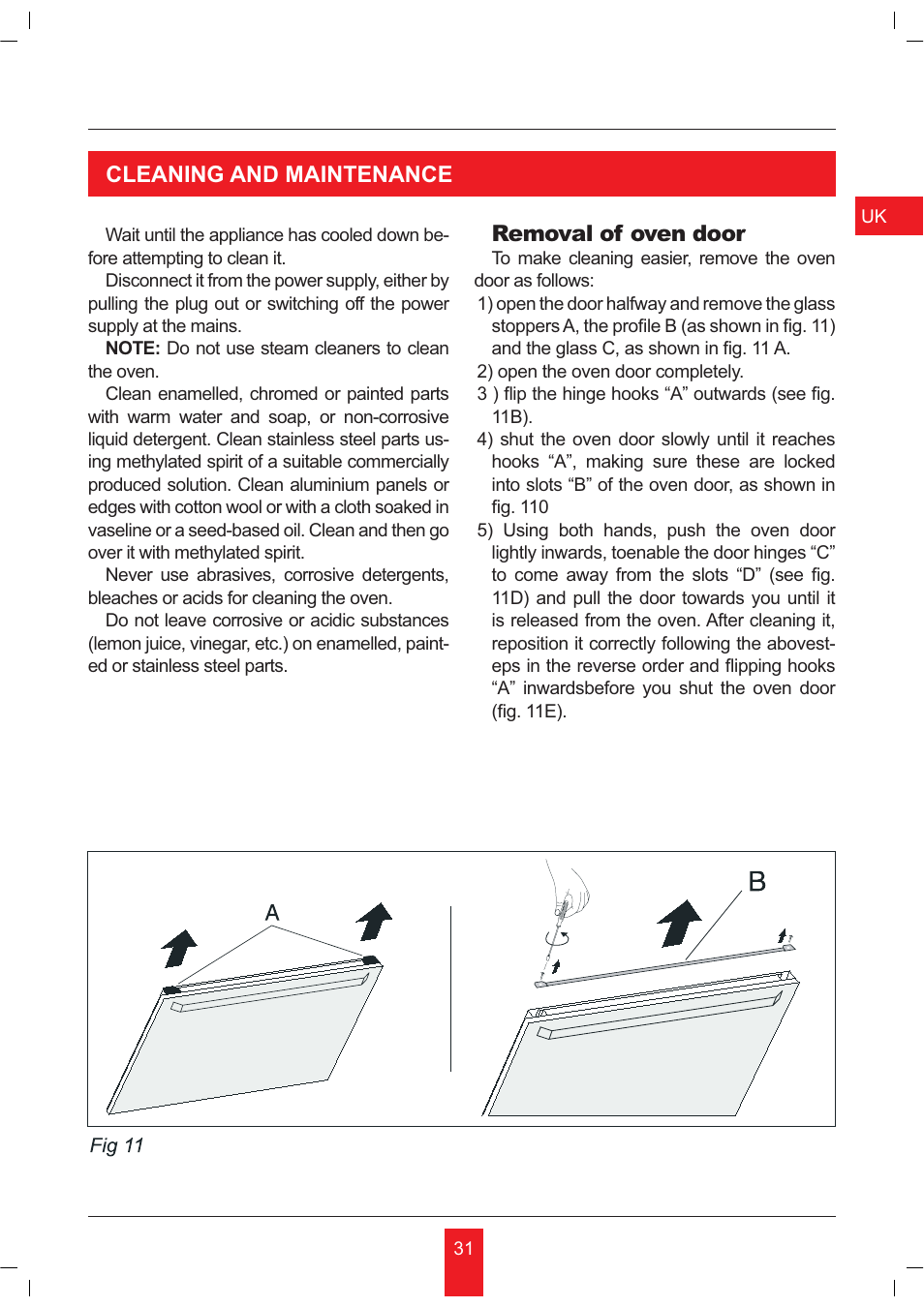 Cleaning and maintenance, Removal of oven door | KORTING OKB481CRC User Manual | Page 31 / 36