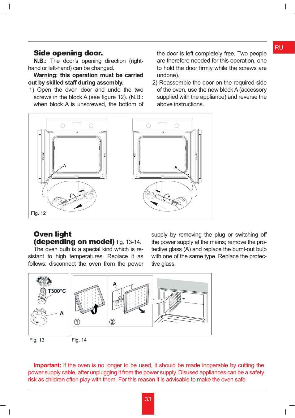Side opening door, Oven light (depending on model) | KORTING OKB481CRC User Manual | Page 33 / 36