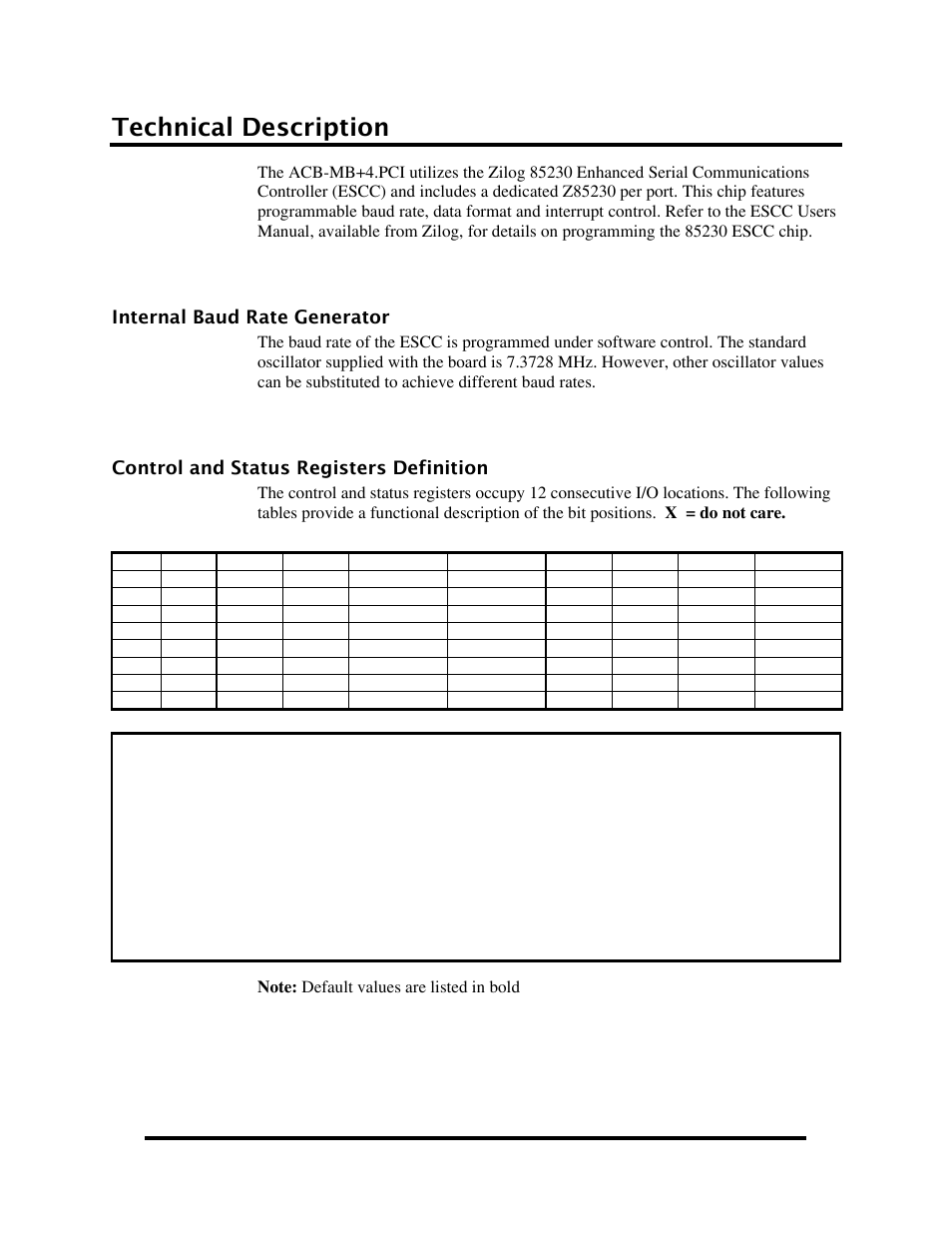 Technical description, Internal baud rate generator, Control and status registers definition | Impulse 5402 User Manual | Page 7 / 19