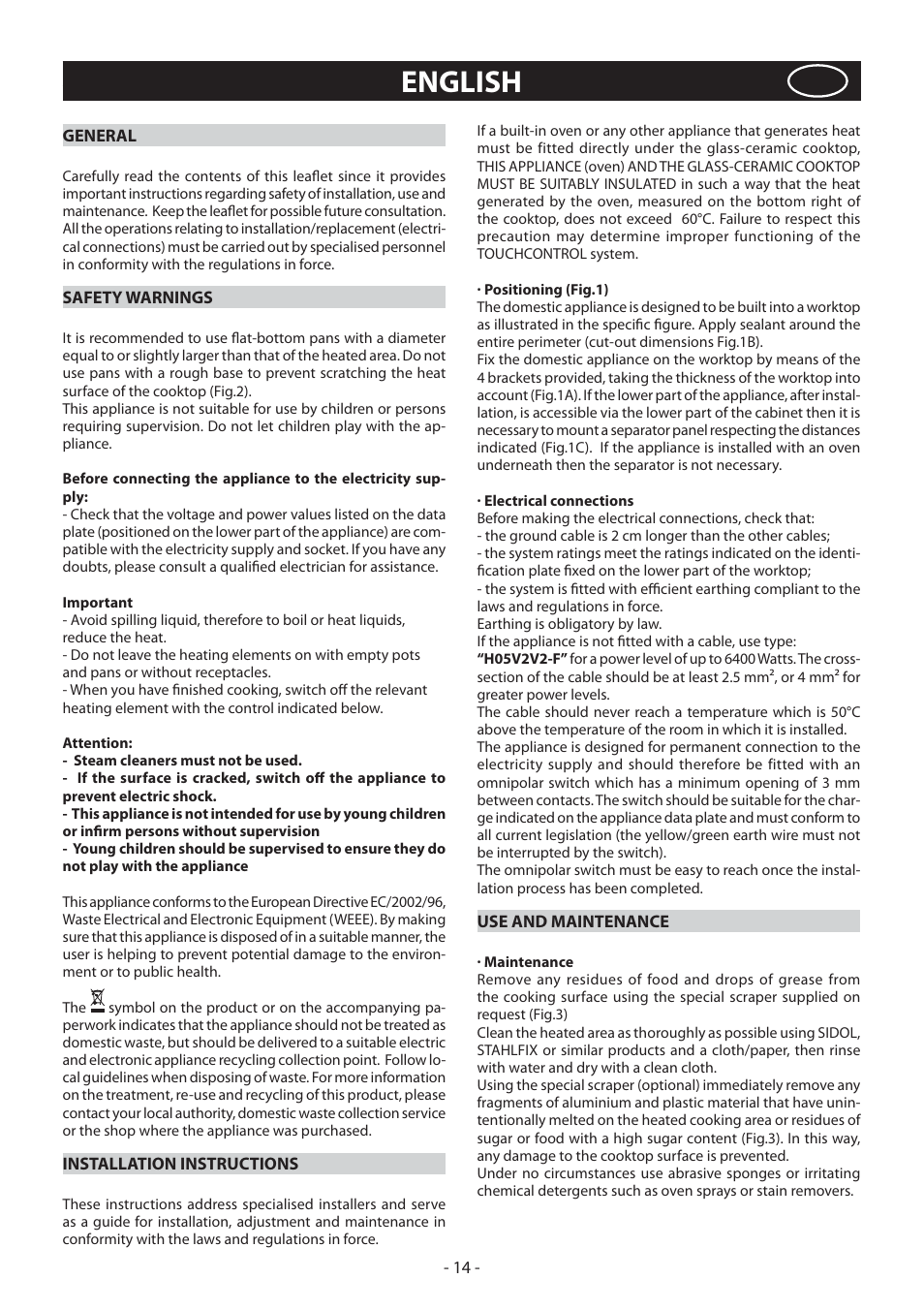English | KORTING HK4103B User Manual | Page 14 / 44