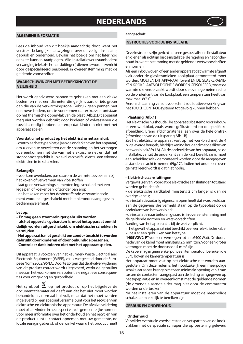 Nederlands | KORTING HK4103B User Manual | Page 16 / 44