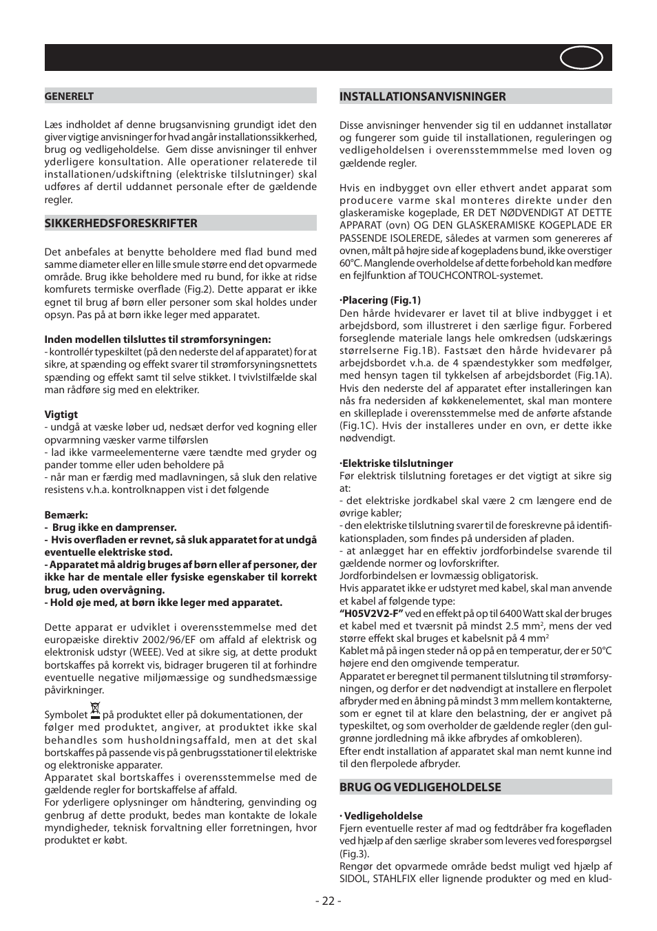 Dansk | KORTING HK4103B User Manual | Page 22 / 44