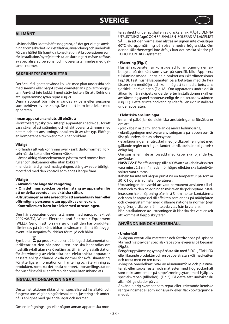 Sverige | KORTING HK4103B User Manual | Page 38 / 44
