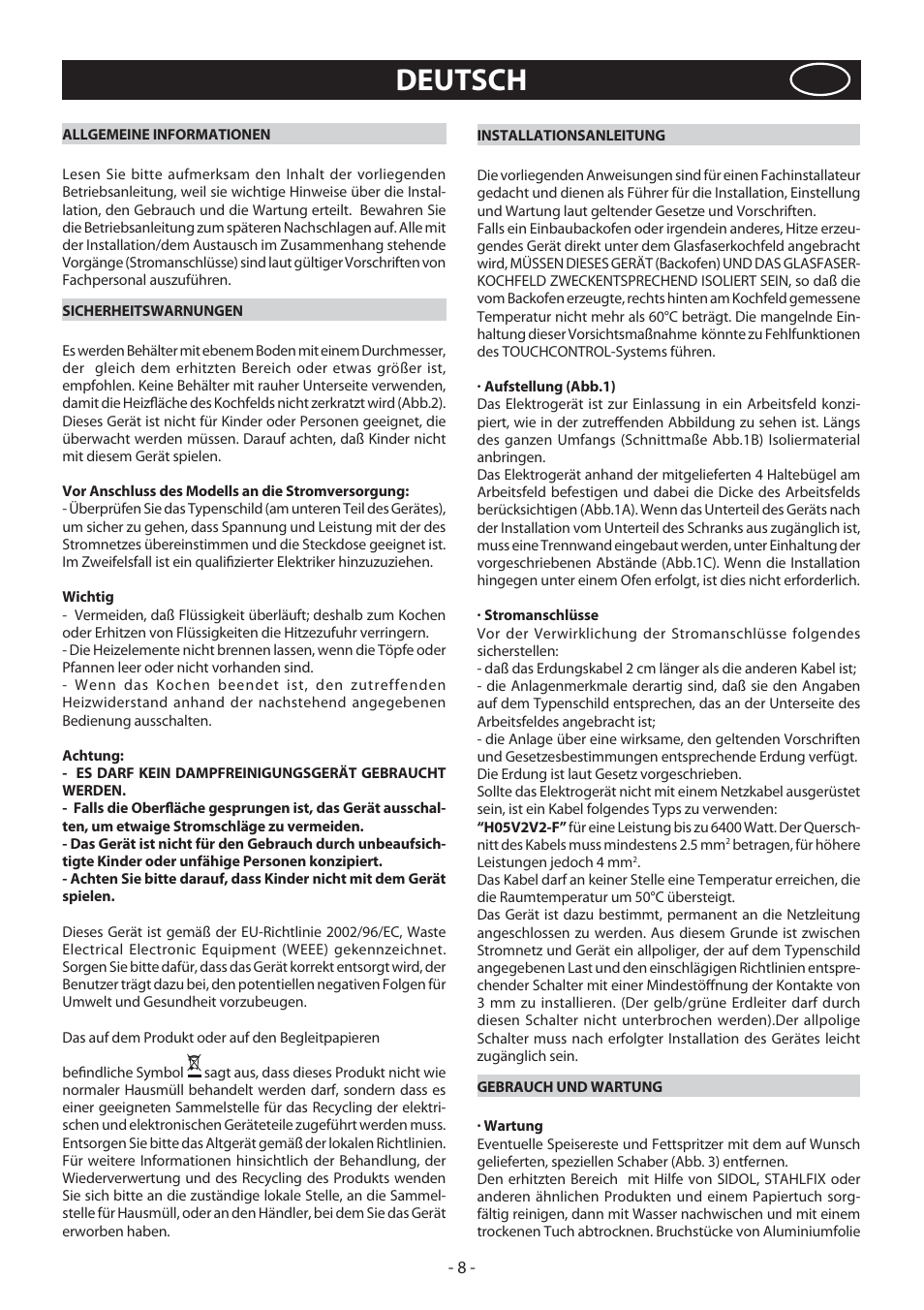 Deutsch | KORTING HK4103B User Manual | Page 8 / 44