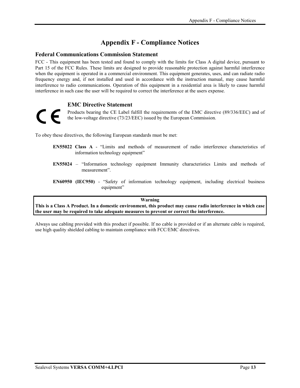 Warranty, Appendix f - compliance notices | Impulse 7406 User Manual | Page 15 / 16