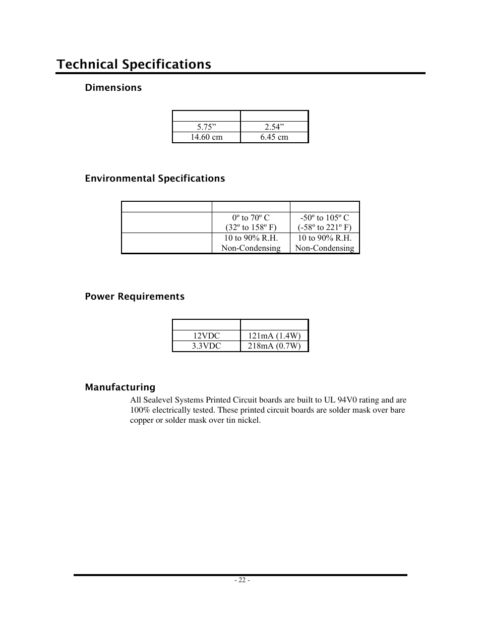 Technical specifications, Dimensions, Environmental specifications | Power requirements, Manufacturing, Imensions, Nvironmental, Pecifications, Ower, Equirements | Impulse 7205e User Manual | Page 24 / 33