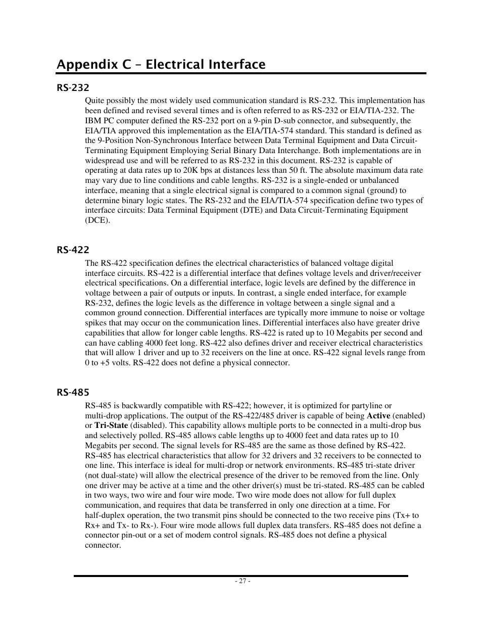 Appendix c – electrical interface, Rs-232, Rs422 | Rs485, Rs-232 rs-422 rs-485 | Impulse 7205e User Manual | Page 29 / 33