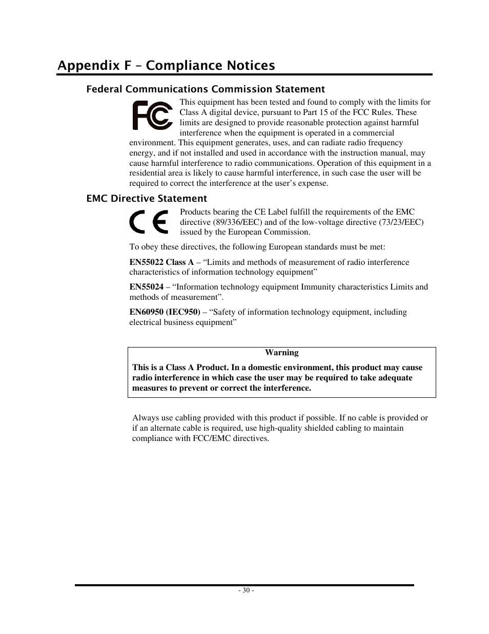 Appendix f – compliance notices, Federal communications commission statement, Emc directive statement | Ederal, Ommunications, Ommission, Tatement, Irective | Impulse 7205e User Manual | Page 32 / 33