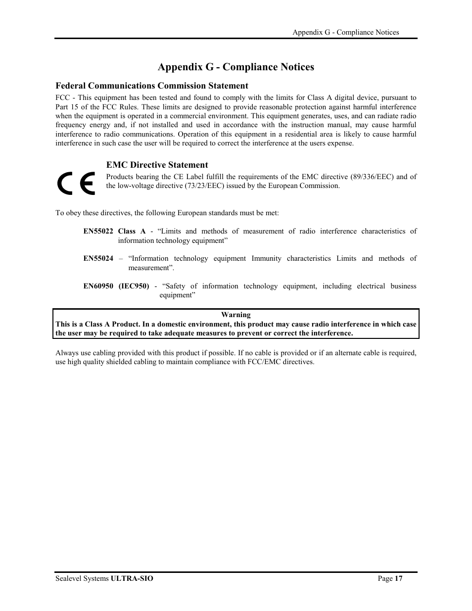 Appendix g - compliance notices, Warranty | Impulse 3089 User Manual | Page 20 / 21