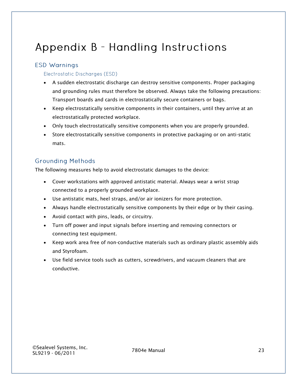 Ppendix, Andling, Nstructions | Electrostatic discharges (esd) | Impulse 7804e User Manual | Page 23 / 28