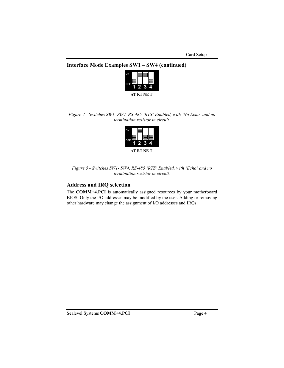 Interface mode examples sw1 – sw4 (continued), Address and irq selection | Impulse 7404 User Manual | Page 7 / 20