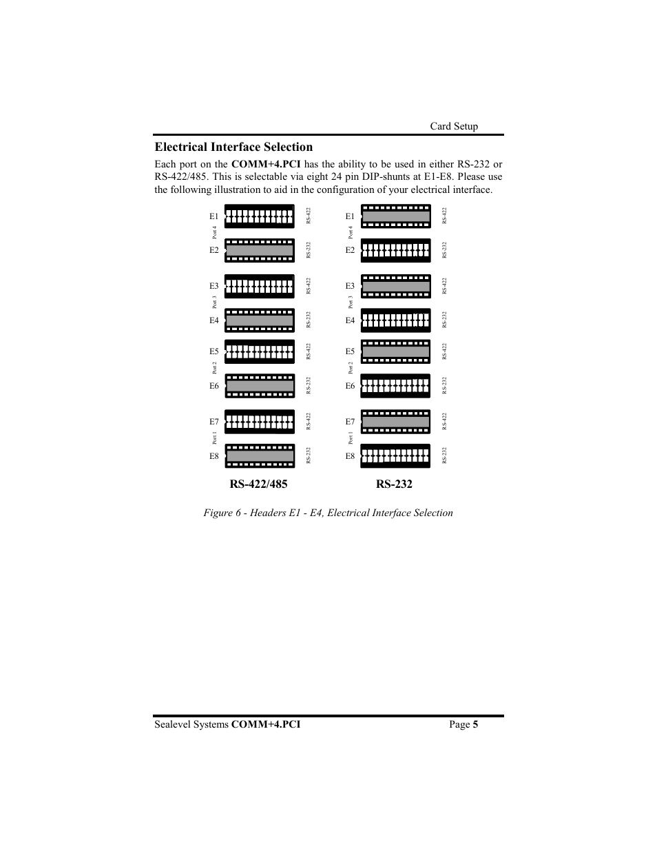 Electrical interface selection, Rs-232, Card setup sealevel systems comm+4.pci page 5 | Impulse 7404 User Manual | Page 8 / 20