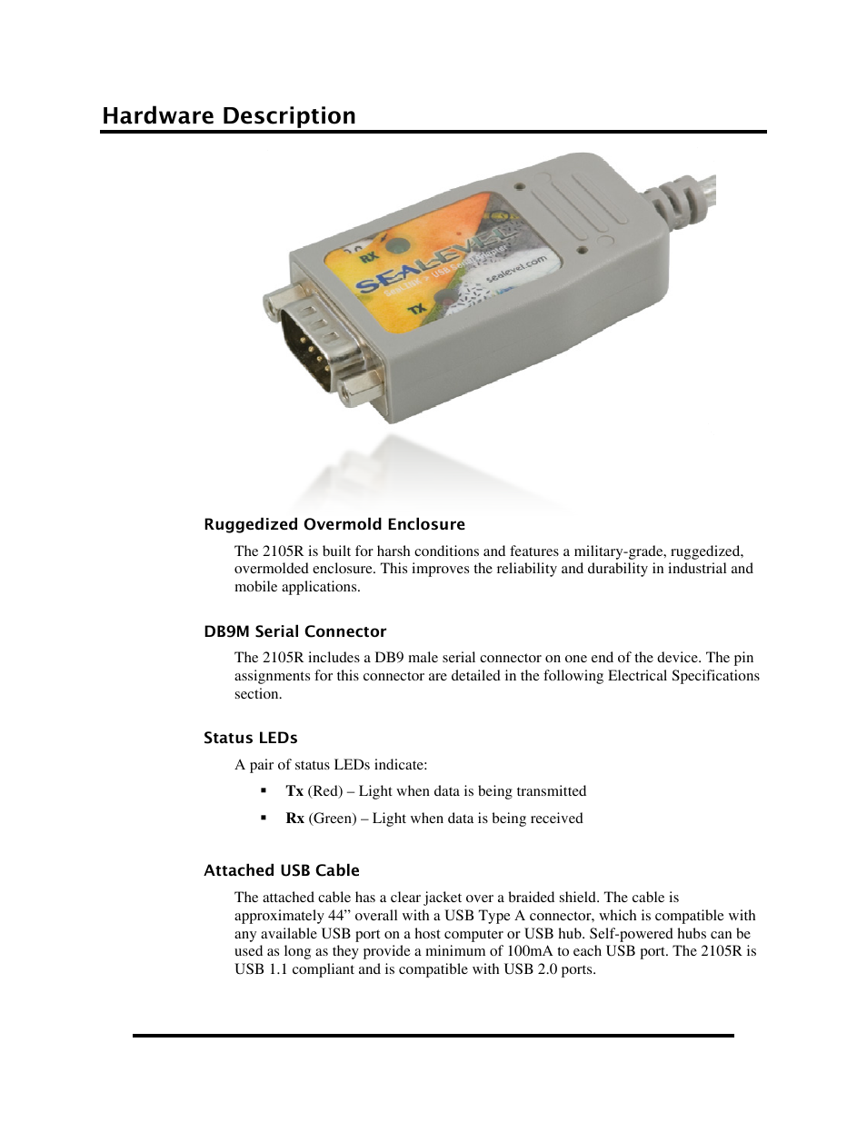 Hardware description, Ruggedized overmold enclosure, Db9m serial connector | Status leds, Attached usb cable | Impulse 2105R User Manual | Page 17 / 27