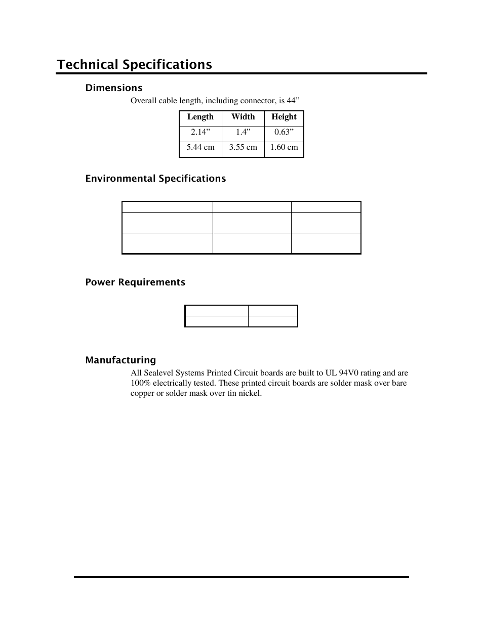 Technical specifications, Dimensions, Environmental specifications | Power requirements, Manufacturing, Imensions, Nvironmental, Pecifications, Ower, Equirements | Impulse 2105R User Manual | Page 19 / 27