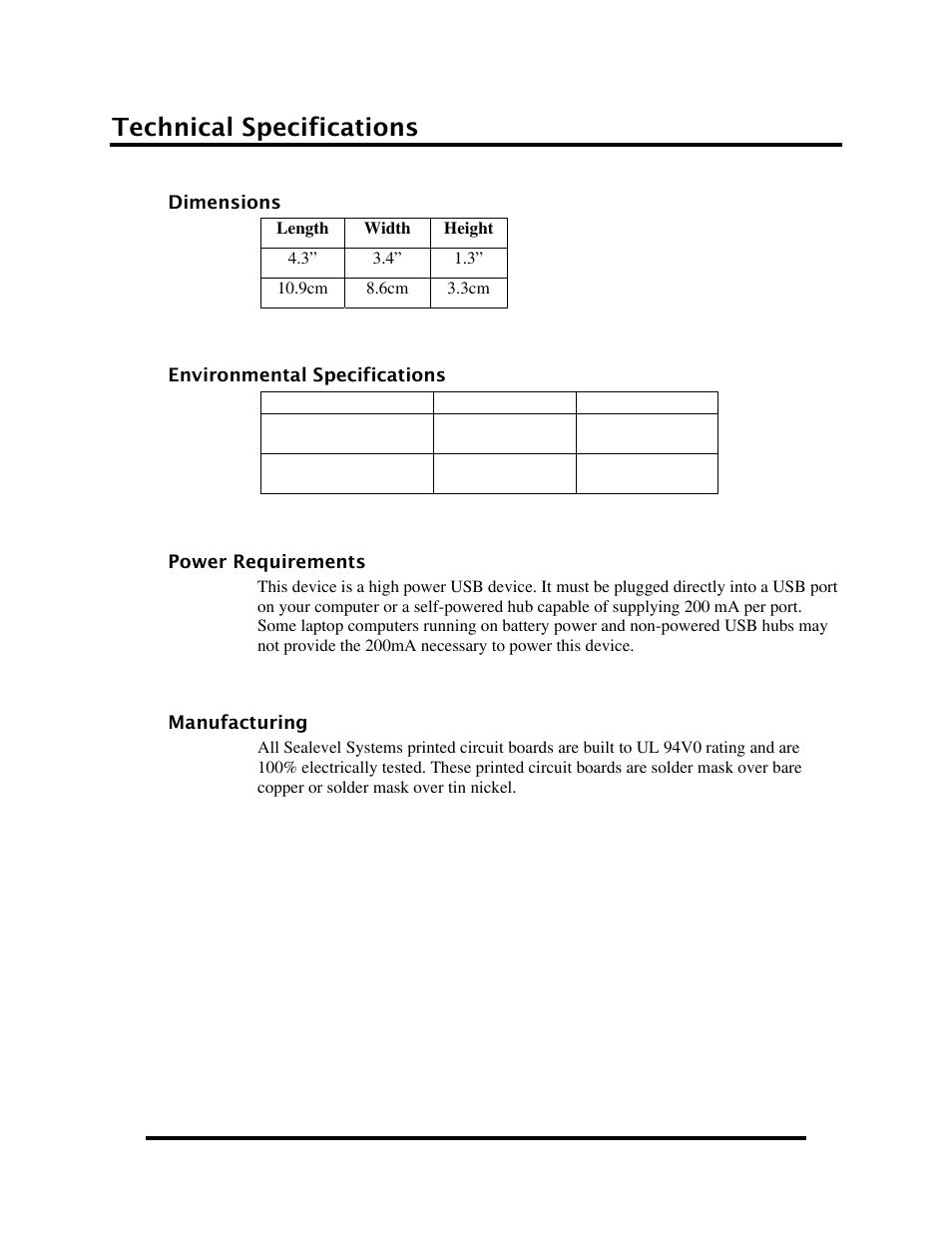 Technical specifications, Imensions, Nvironmental | Pecifications, Ower, Equirements, Anufacturing | Impulse 2123 User Manual | Page 16 / 25