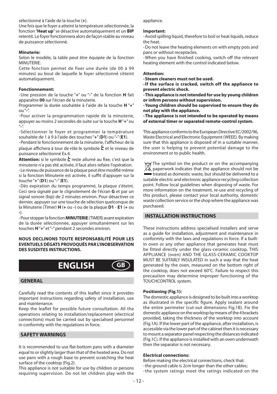 English | KORTING HK3002B User Manual | Page 12 / 44