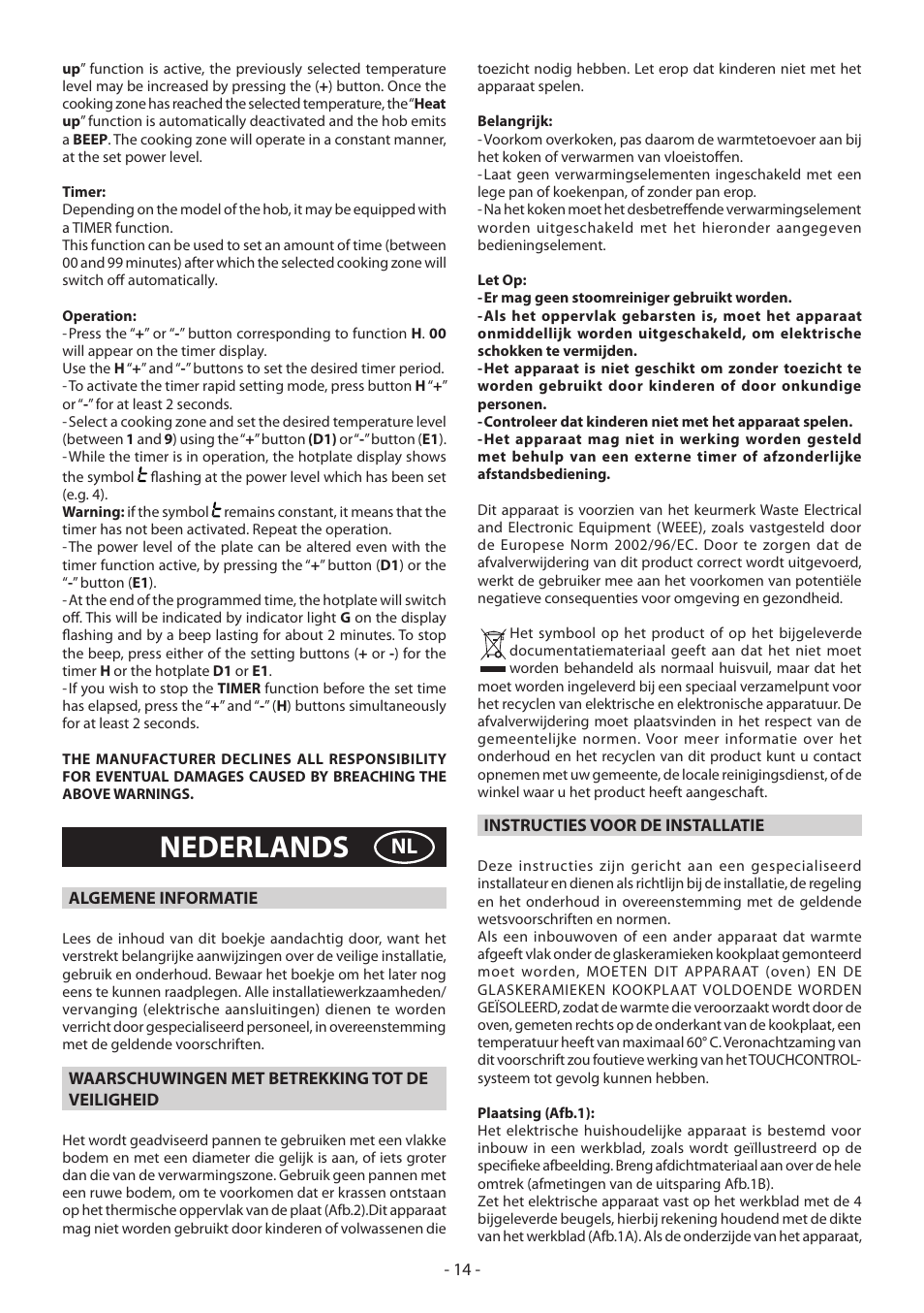 Nederlands | KORTING HK3002B User Manual | Page 14 / 44