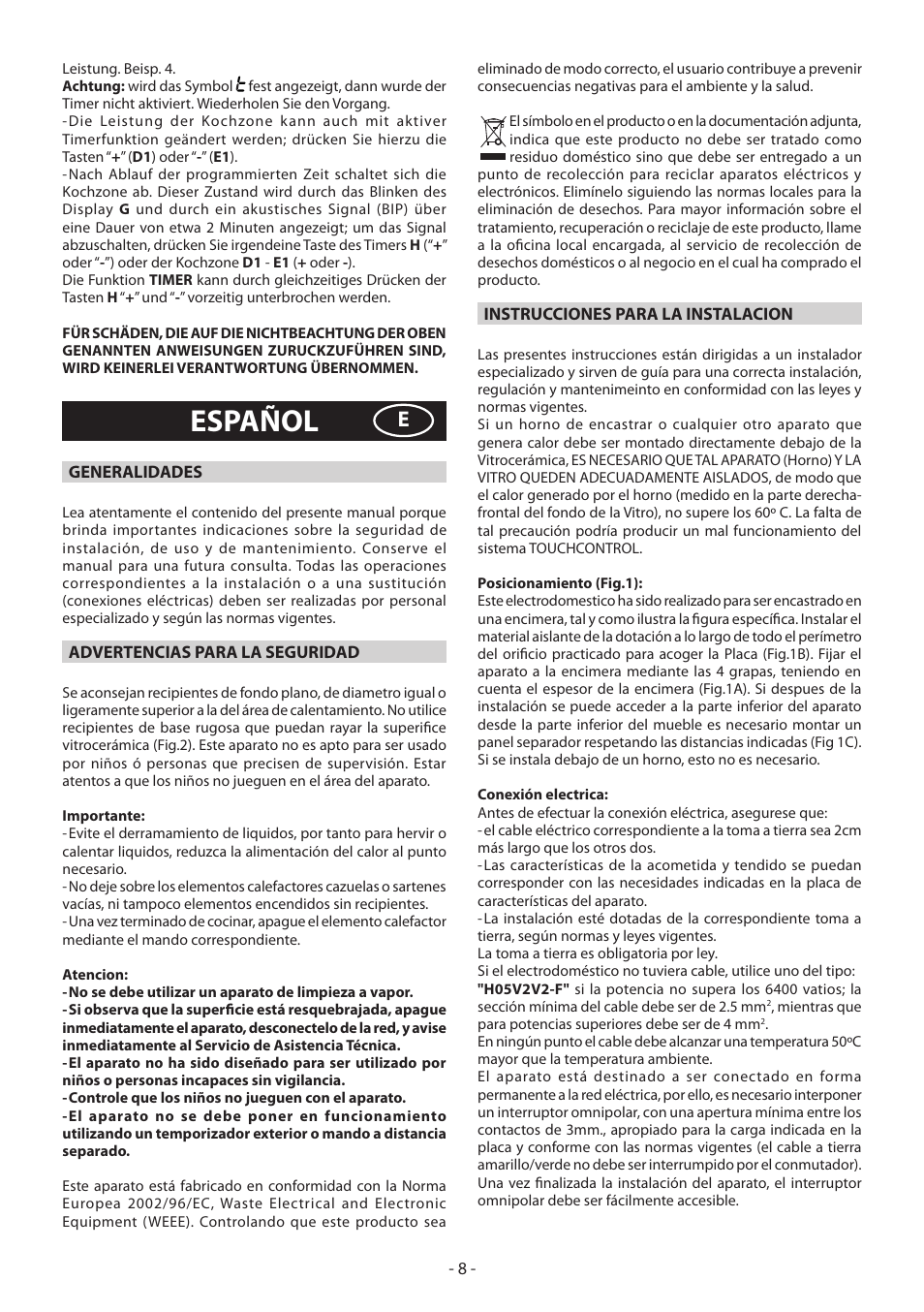 Español | KORTING HK3002B User Manual | Page 8 / 44