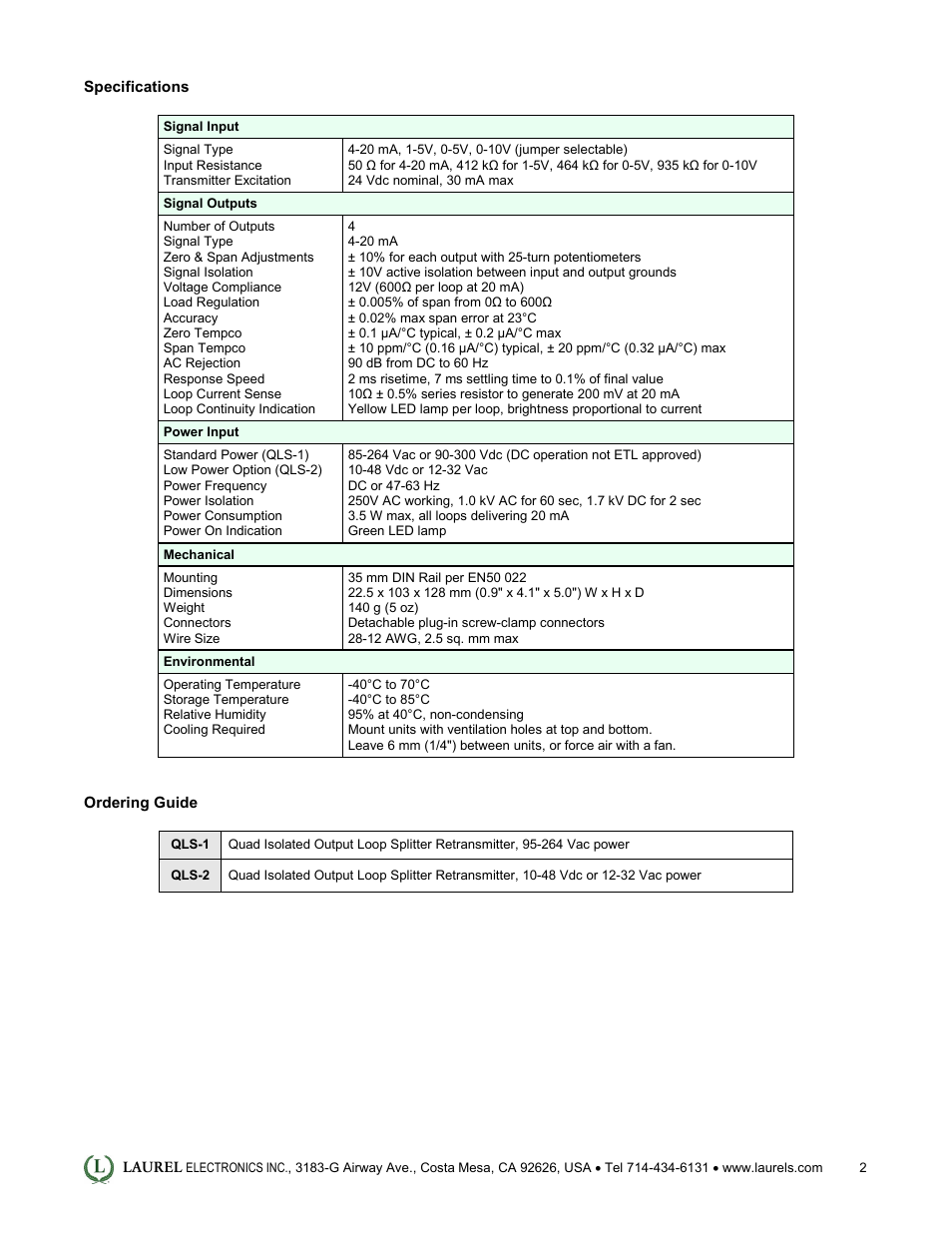 Laurel Electronics QLS Quad Output 4-20 mA Current Loop - Datasheet User Manual | Page 2 / 3