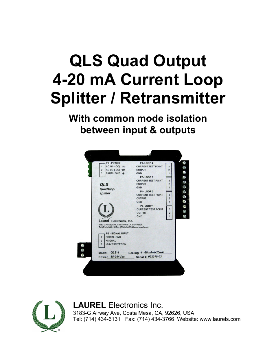 Laurel Electronics QLS Quad Output 4-20 mA Current Loop - Manual User Manual | 8 pages