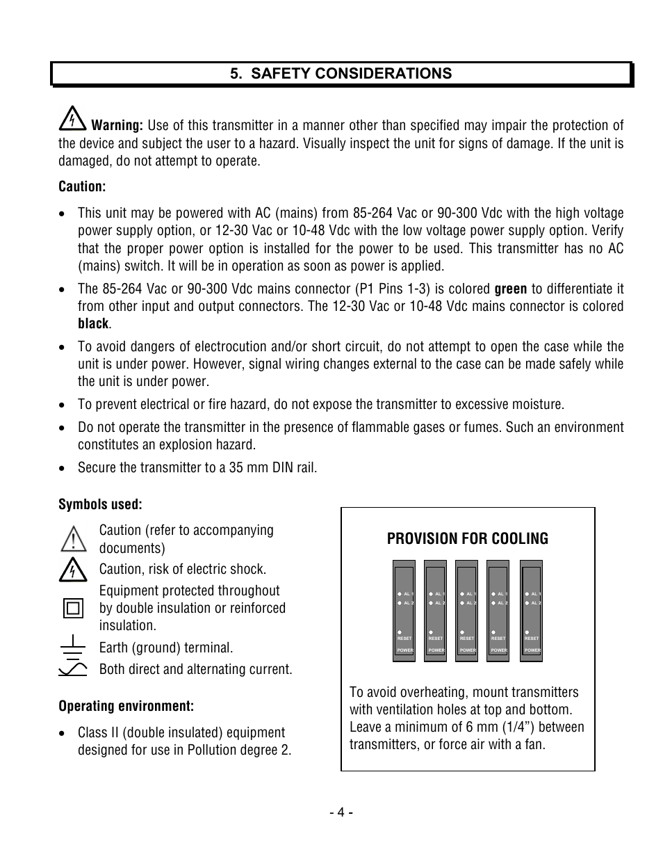 Safety considerations, Provision for cooling, Symbols used | Caution (refer to accompanying documents), Caution, risk of electric shock, Earth (ground) terminal, Both direct and alternating current | Laurel Electronics LTS6 - Manual User Manual | Page 4 / 24
