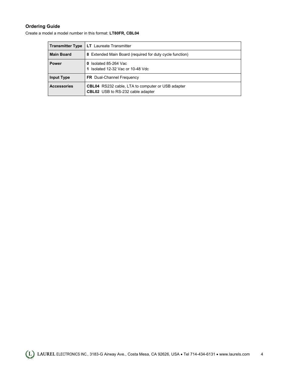 Laurel Electronics LT: 4-20 mA & Serial Data Output Transmitter for Duty Cycle Input User Manual | Page 4 / 4