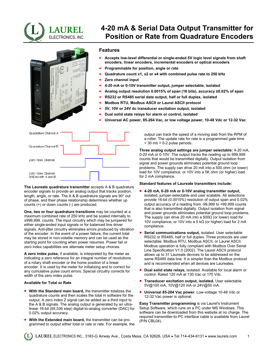 Laurel Electronics LT: 4-20 mA & Serial Data Output Transmitter for Position or Rate from Quadrature Encoders User Manual | 4 pages