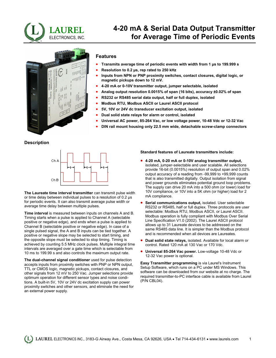 Laurel Electronics LT: 4-20 mA & Serial Data Output Transmitter for Average Time of Periodic Events User Manual | 4 pages