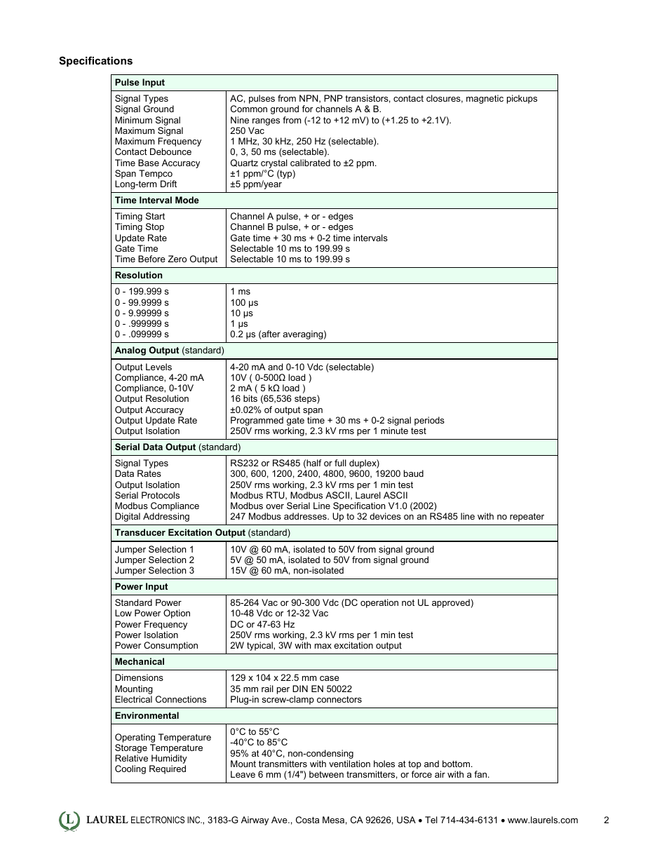 Laurel Electronics LT: 4-20 mA & Serial Data Output Transmitter for Average Time of Periodic Events User Manual | Page 2 / 4