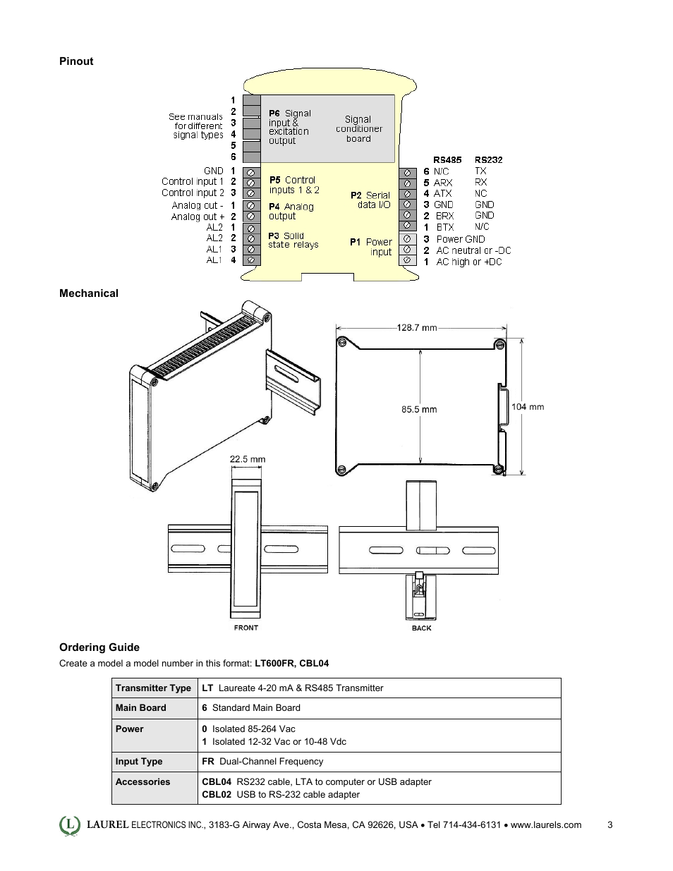 Laurel Electronics LT: 4-20 mA & Serial Data Output Transmitter for Average Time of Periodic Events User Manual | Page 3 / 4