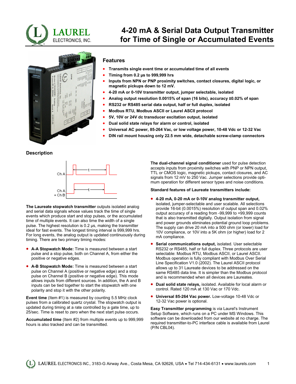 Laurel Electronics LT: 4-20 mA & Serial Data Output Transmitter for Time of Single or Accumulated Events User Manual | 4 pages