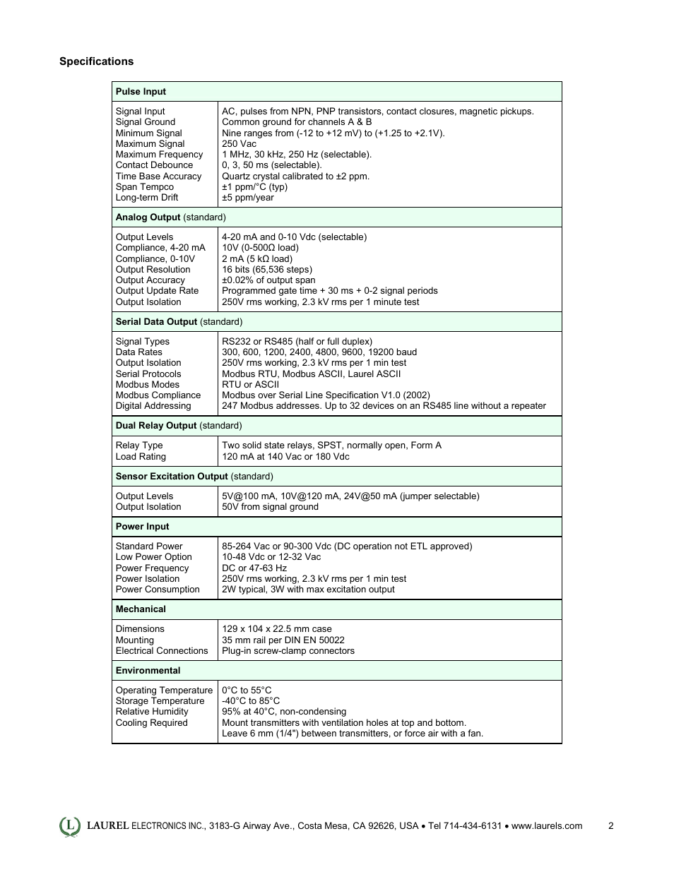 Laurel Electronics LT: 4-20 mA & Serial Data Output Transmitter for Time of Single or Accumulated Events User Manual | Page 2 / 4