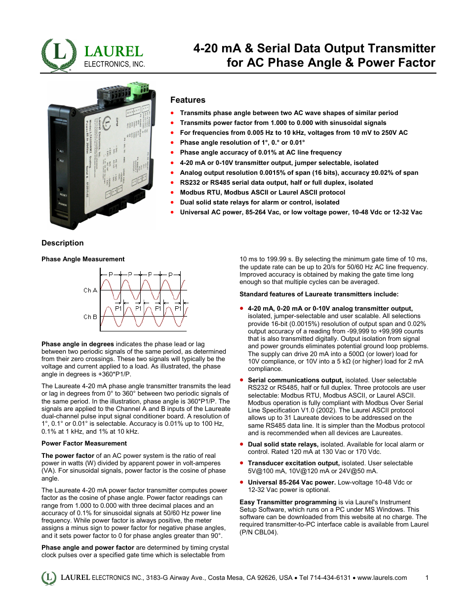 Laurel Electronics LT: 4-20 mA & Serial Data Output Transmitter for AC Phase Angle & Power Factor User Manual | 4 pages