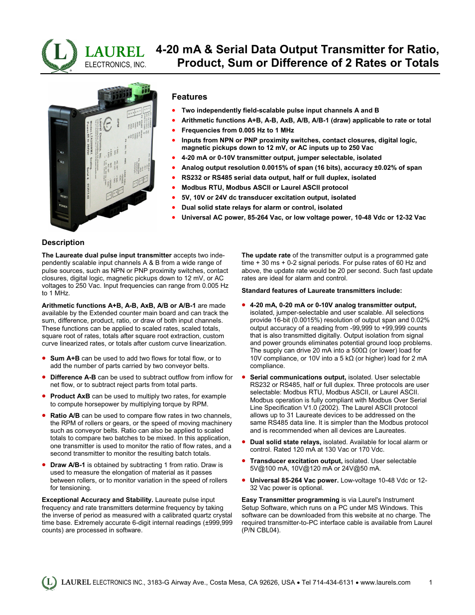 Laurel Electronics LT: 4-20 mA & Serial Data Output Transmitter for Ratio User Manual | 4 pages