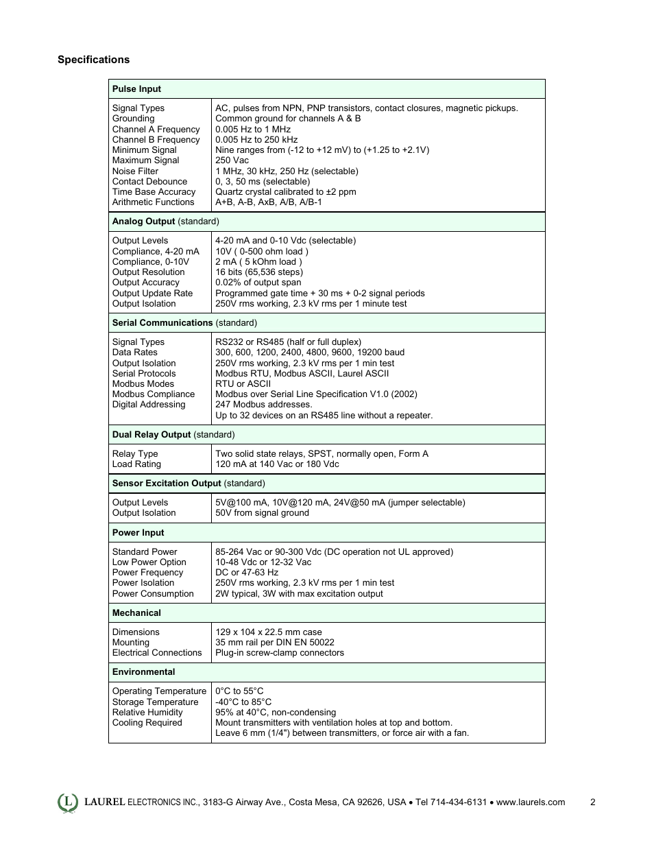 Laurel Electronics LT: 4-20 mA & Serial Data Output Transmitter for Ratio User Manual | Page 2 / 4