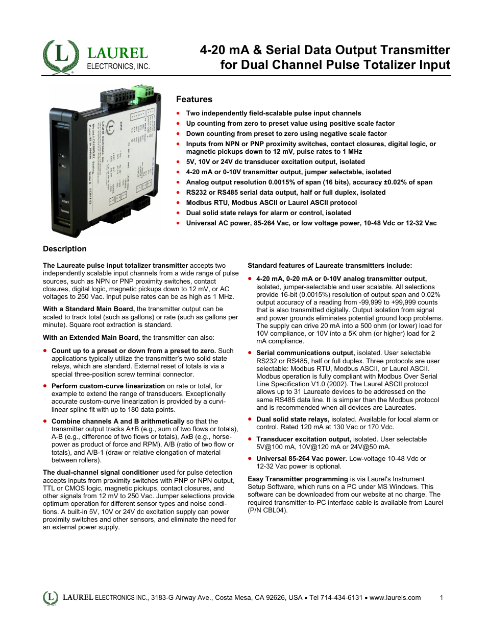 Laurel Electronics LT: 4-20 mA & Serial Data Output Transmitter for Dual Channel Pulse Totalizer Input User Manual | 4 pages