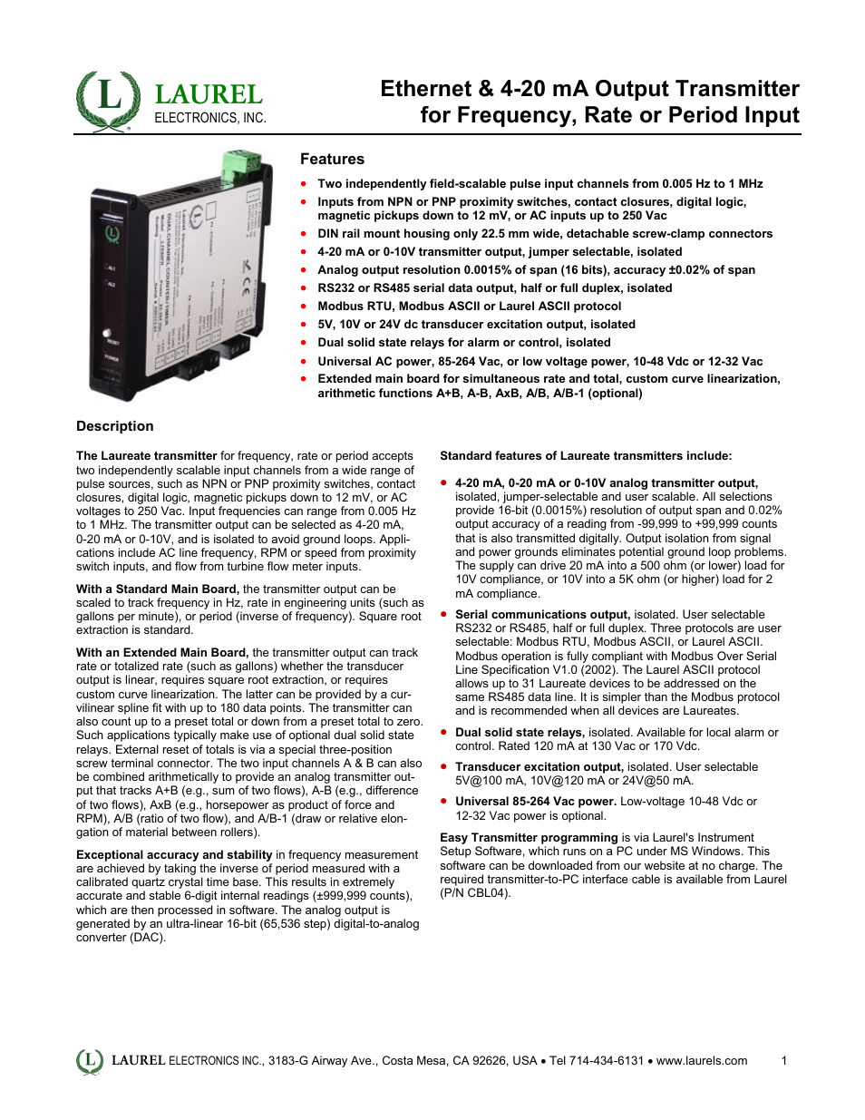 Laurel Electronics LT: Ethernet & 4-20 mA Output Transmitter for Frequency, Rate or Period Input User Manual | 4 pages