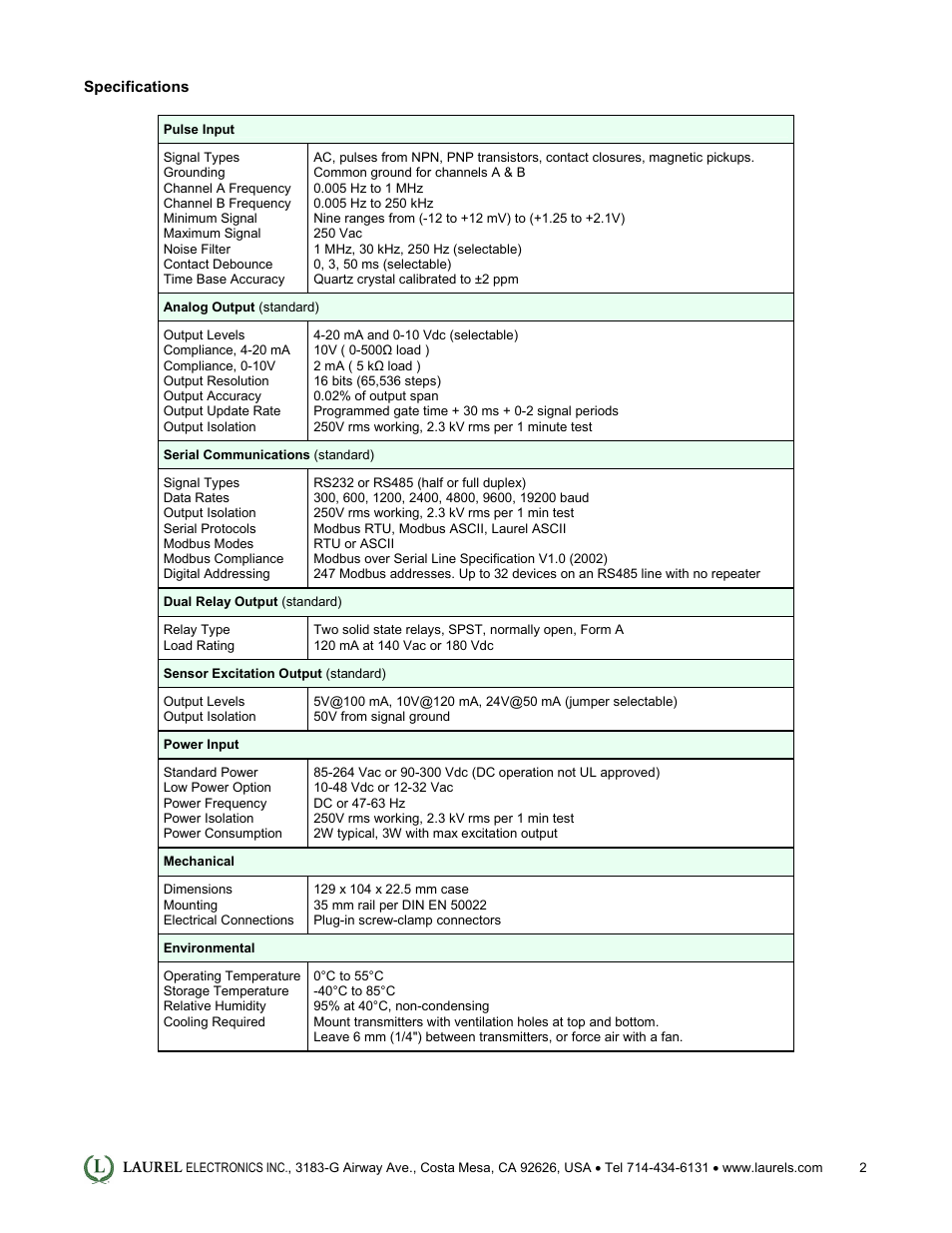 Laurel Electronics LT: Ethernet & 4-20 mA Output Transmitter for Frequency, Rate or Period Input User Manual | Page 2 / 4