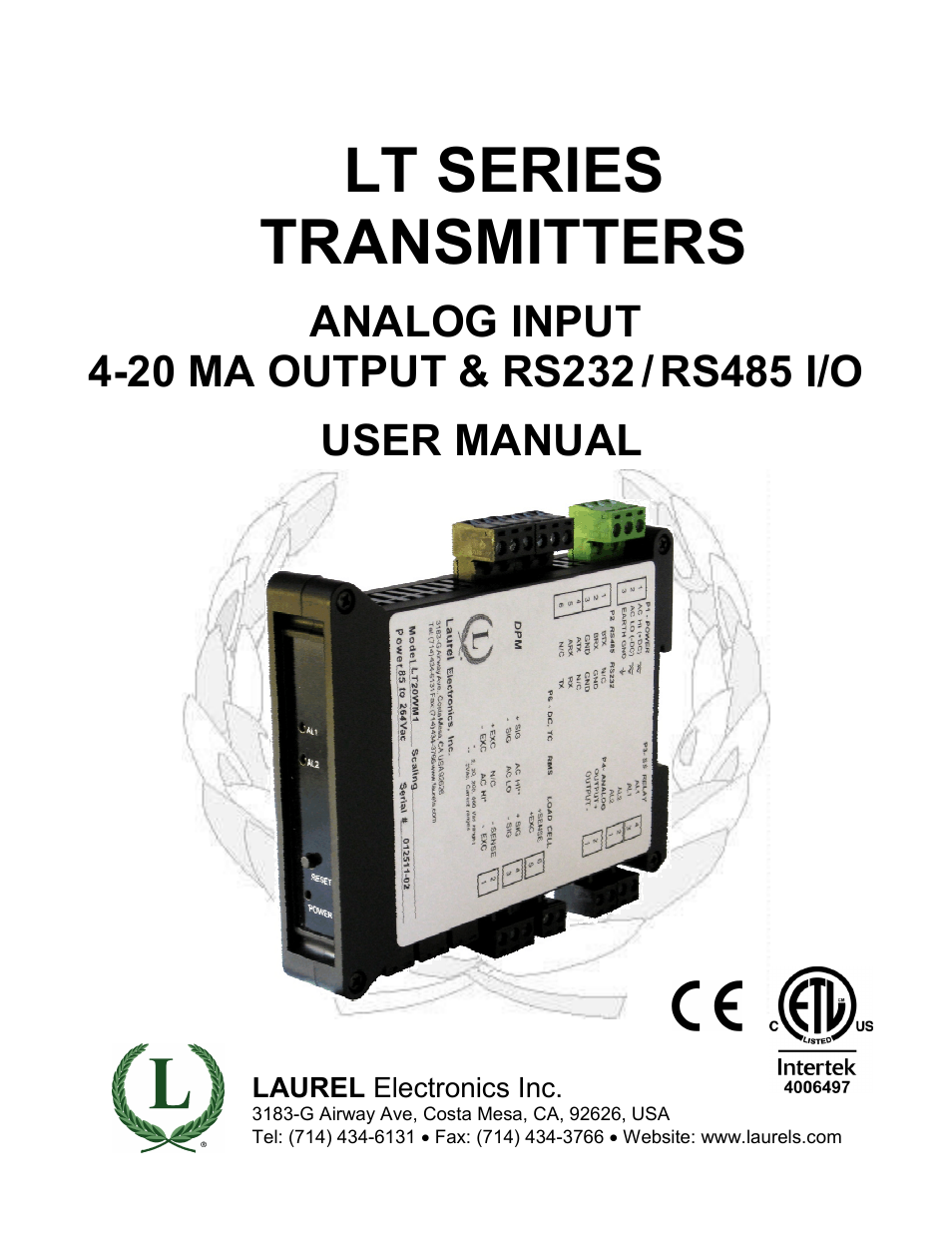Laurel Electronics LT SERIES TRANSMITTERS ANALOG INPUT User Manual | 40 pages