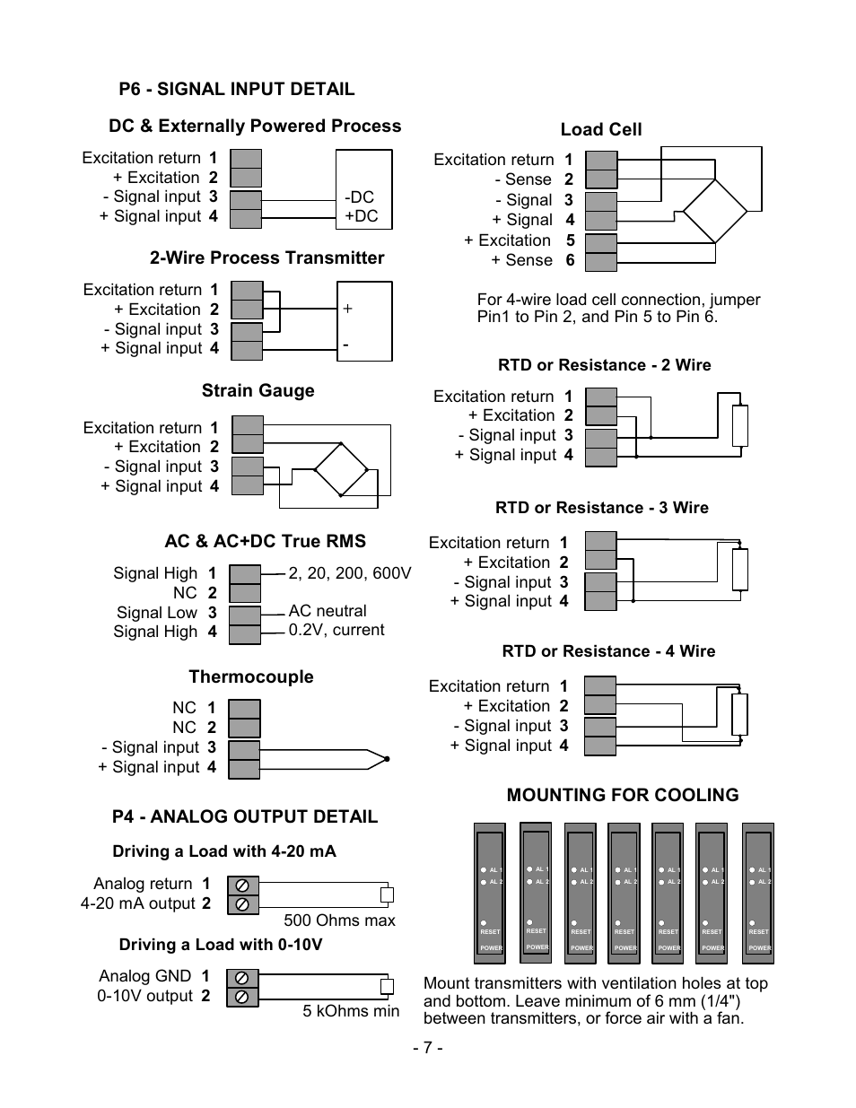 Dc & externally powered process, Strain gauge, Ac & ac+dc true rms | Thermocouple, Load cell, P4 - analog output detail, Mounting for cooling | Laurel Electronics LT SERIES TRANSMITTERS ANALOG INPUT User Manual | Page 7 / 40