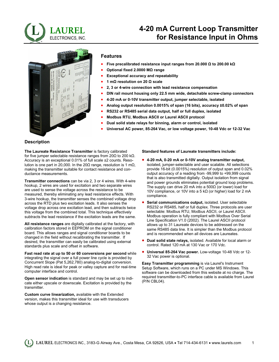 Laurel Electronics LT: 4-20 mA Current Loop Transmitter for Resistance Input in Ohms User Manual | 4 pages