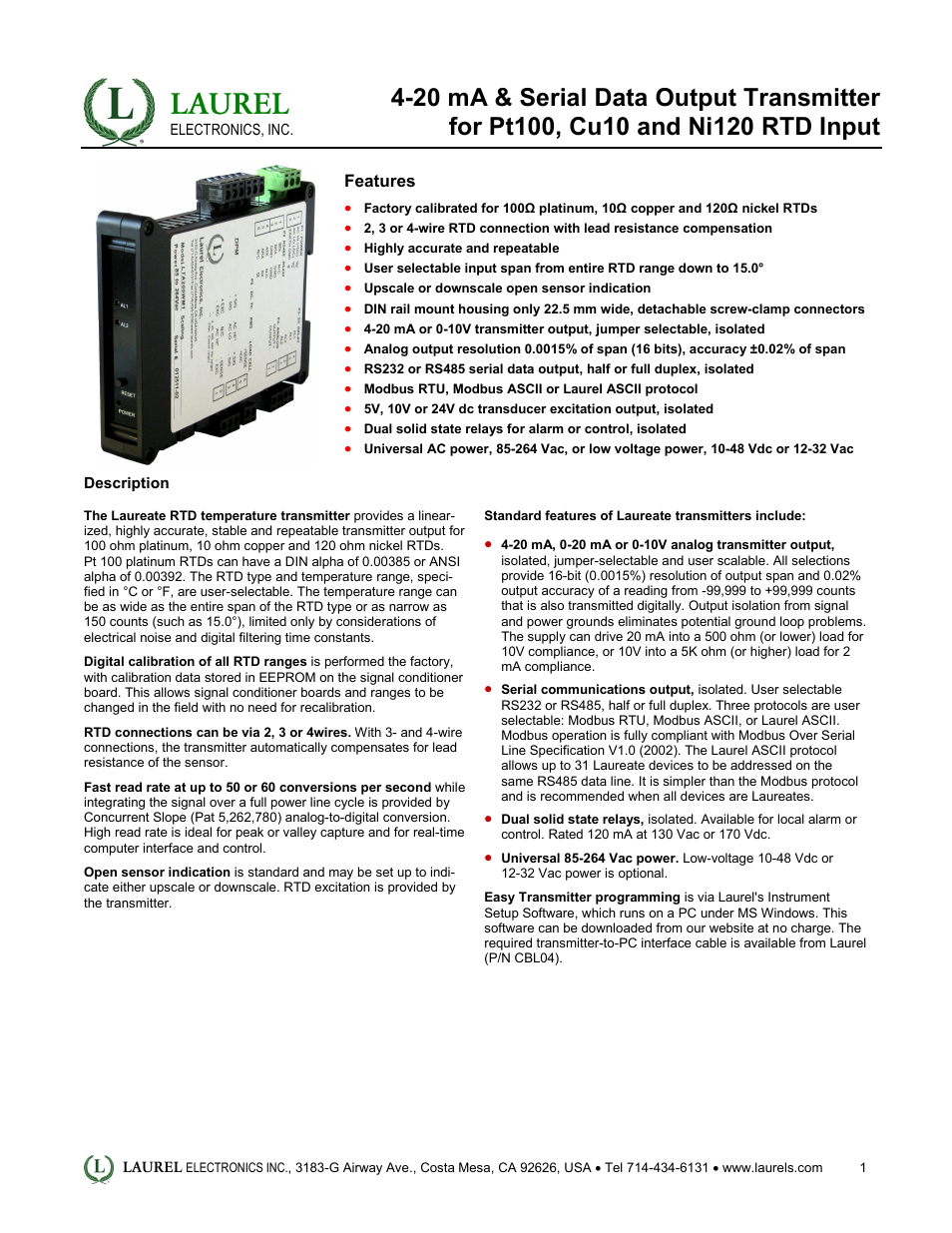 Laurel Electronics LT: 4-20 mA & Serial Data Output Transmitter for Pt100, Cu10 and Ni120 RTD Input User Manual | 4 pages