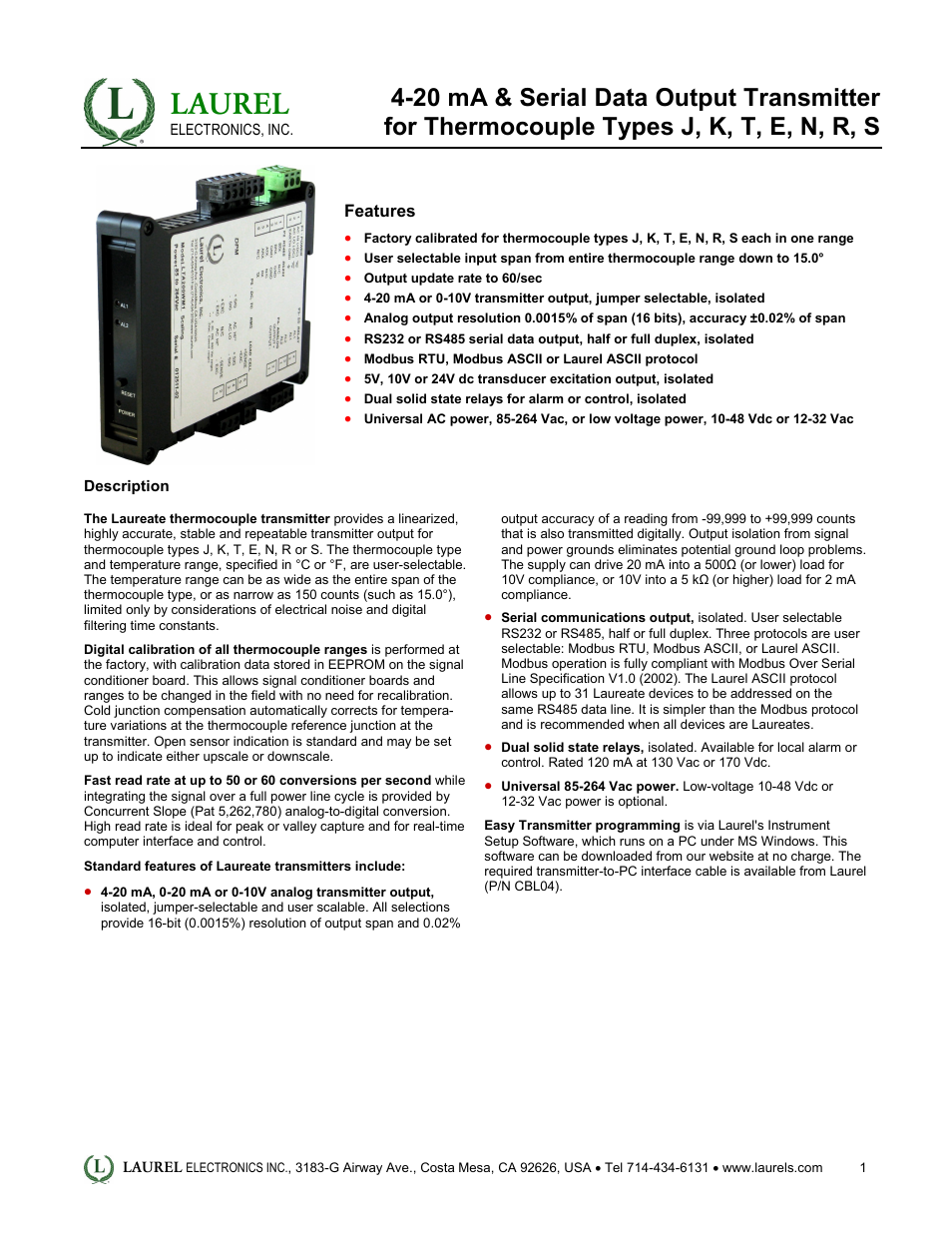 Laurel Electronics LT: 4-20 mA & Serial Data Output Transmitter for Thermocouple Types J, K, T, E, N, R, S User Manual | 4 pages