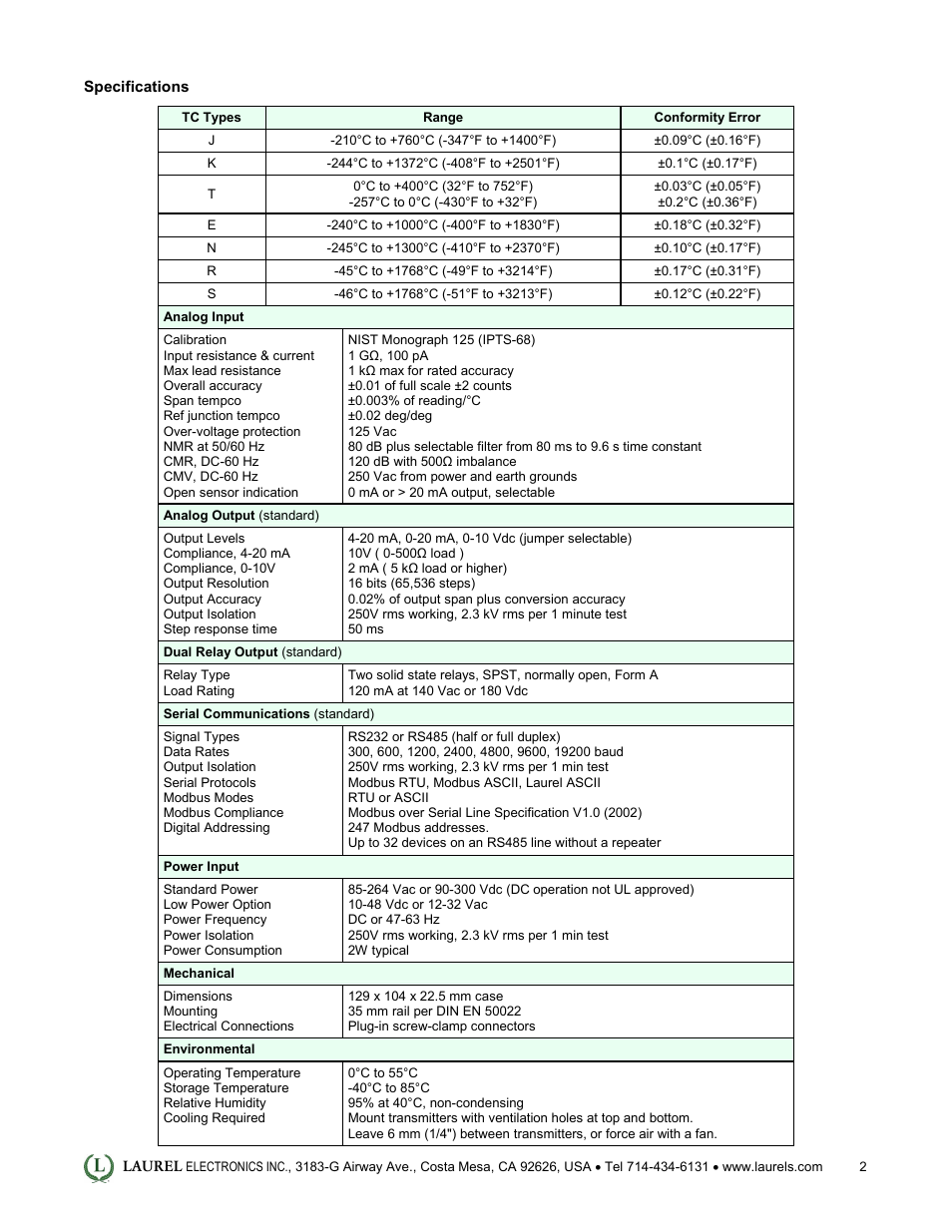 Laurel Electronics LT: 4-20 mA & Serial Data Output Transmitter for Thermocouple Types J, K, T, E, N, R, S User Manual | Page 2 / 4