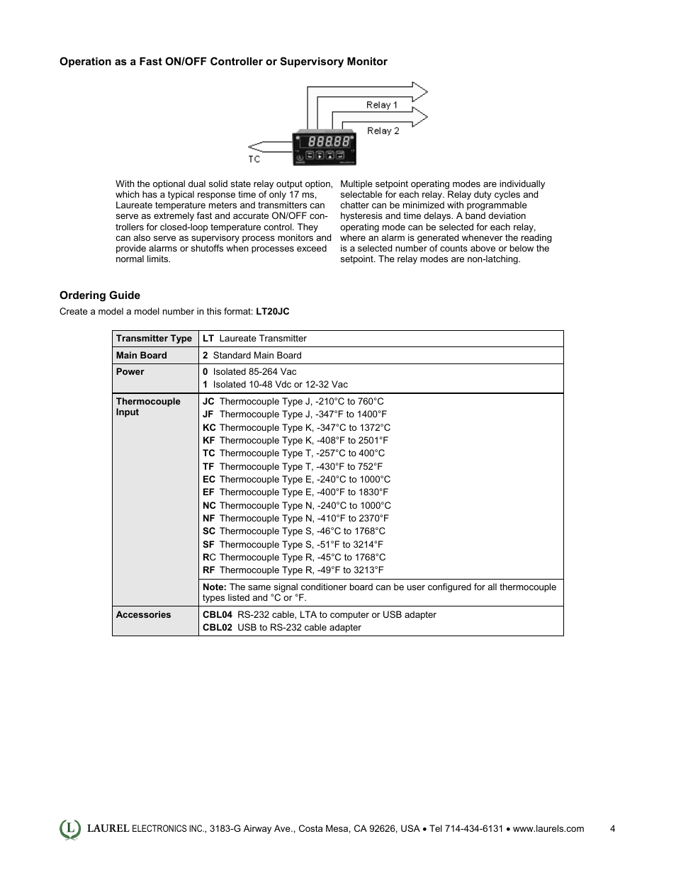 Laurel Electronics LT: 4-20 mA & Serial Data Output Transmitter for Thermocouple Types J, K, T, E, N, R, S User Manual | Page 4 / 4