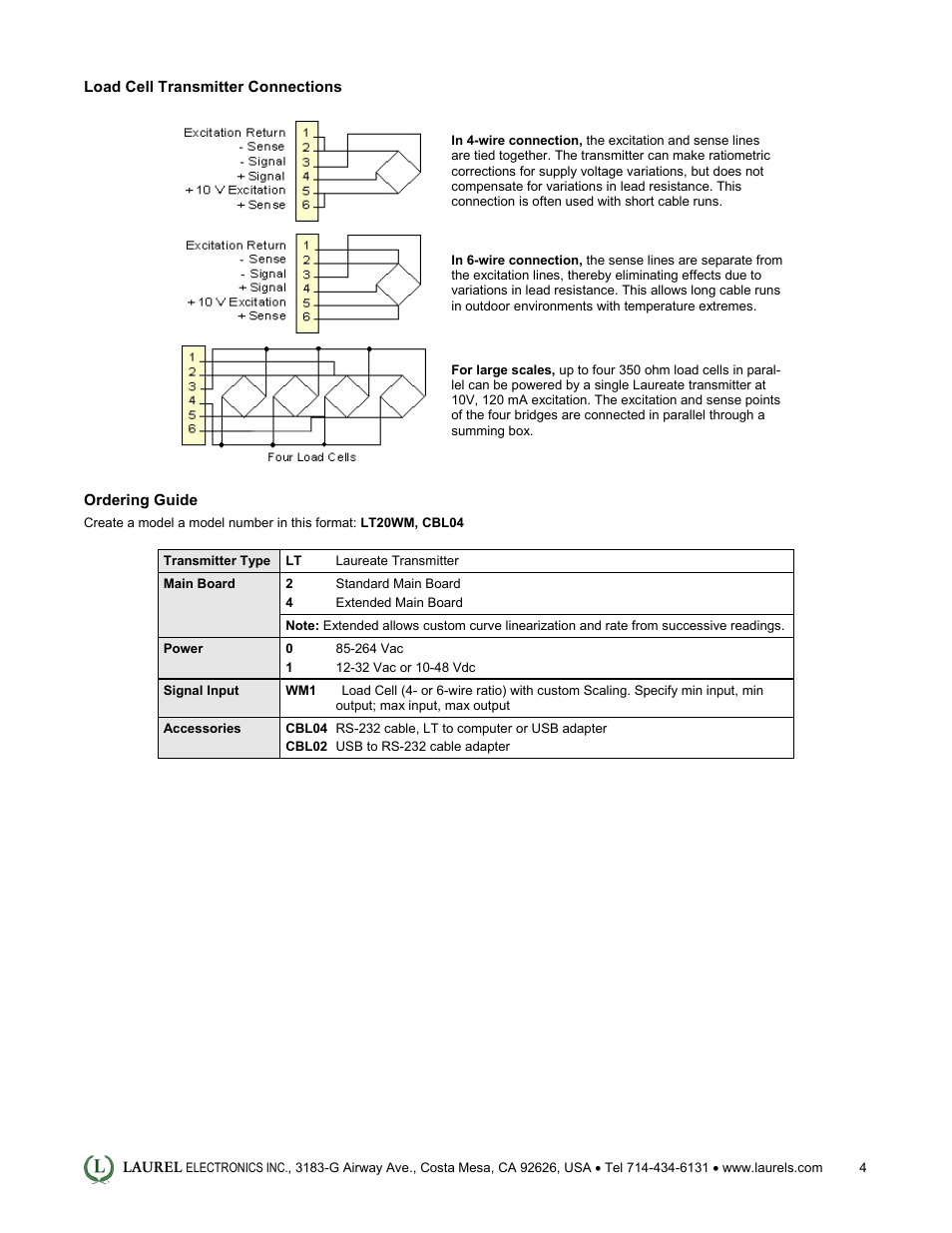 Laurel Electronics LT: 4-20 mA & Serial Data Output Transmitter for Load Cell & Microvolt Signals User Manual | Page 4 / 4