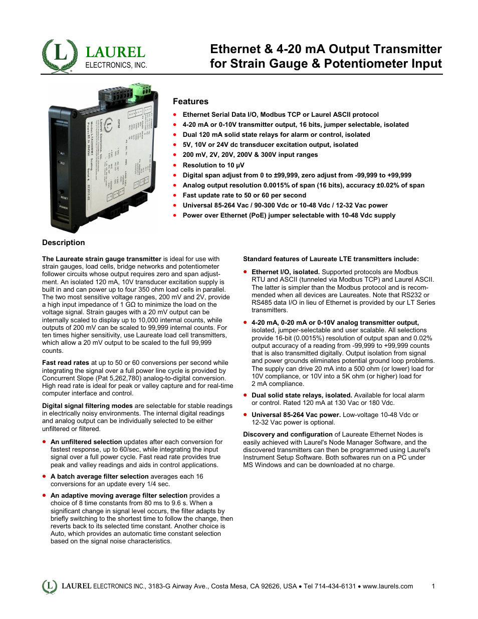 Laurel Electronics LTE: Ethernet & 4-20 mA Output Transmitter for Strain Gauge & Potentiometer Input User Manual | 4 pages